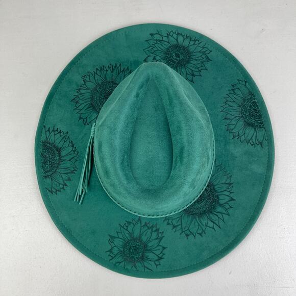 Emerald Green Faux Suede Hand Burned Wide Flat Brim Hat Sunflowers ADJUSTABLE SZ - Picture 4 of 16